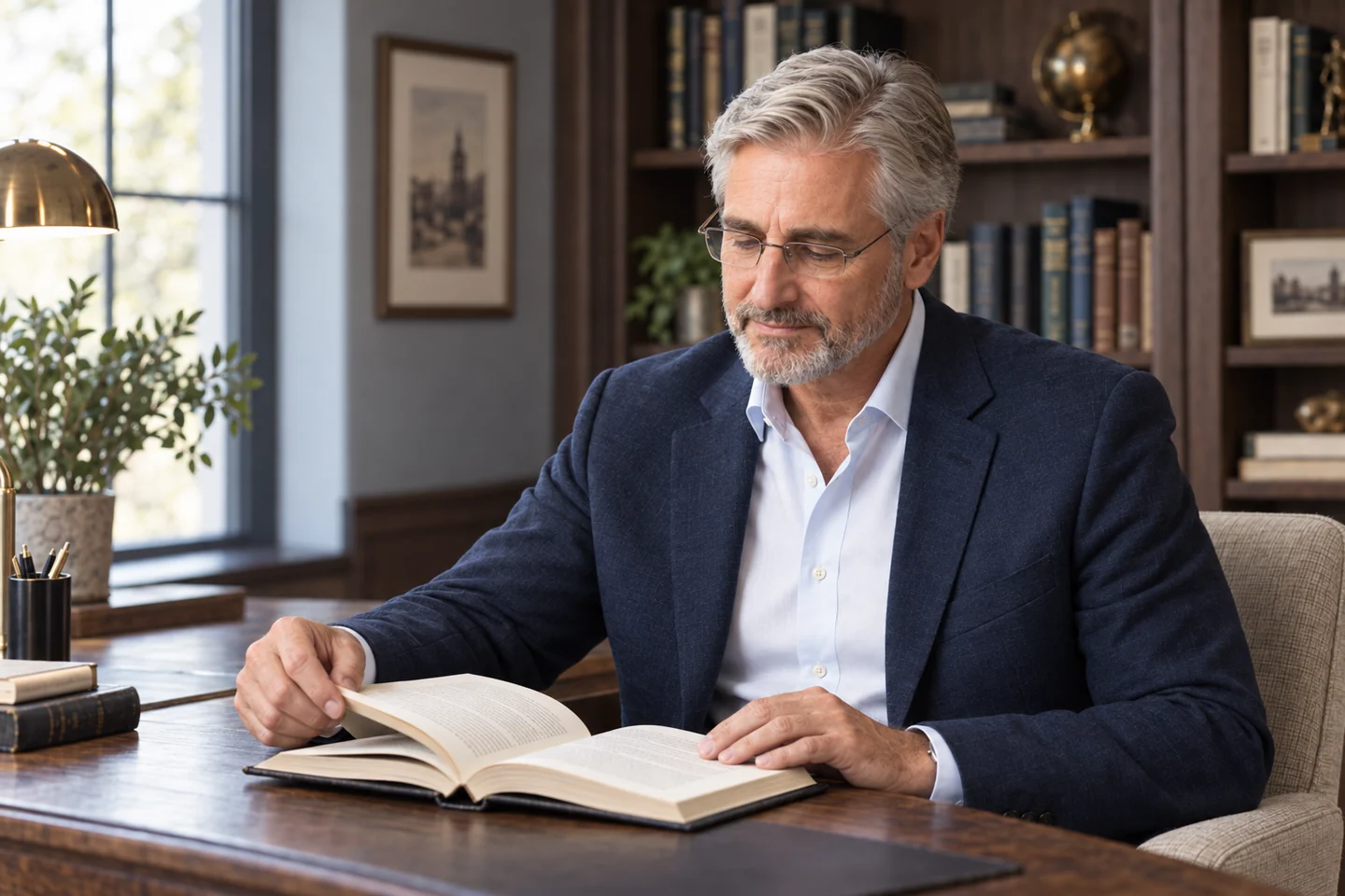 Reading at the desk beside a window